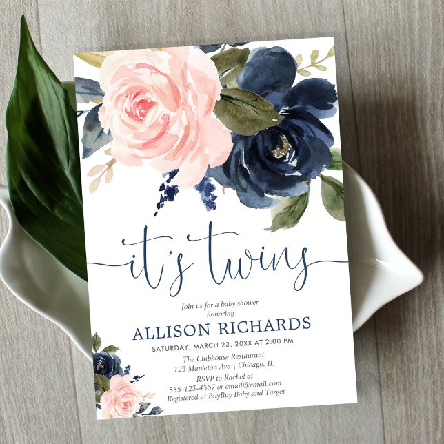 Rosa blaue Blütenblume Twins Babydusche Einladung (Von Creator hochgeladen)