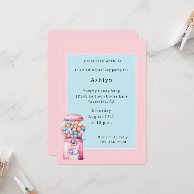 Rosa blaue Bubble Gum Whimsical Geburtstag Einladung (Vorderseite/Rückseite Beispiel)