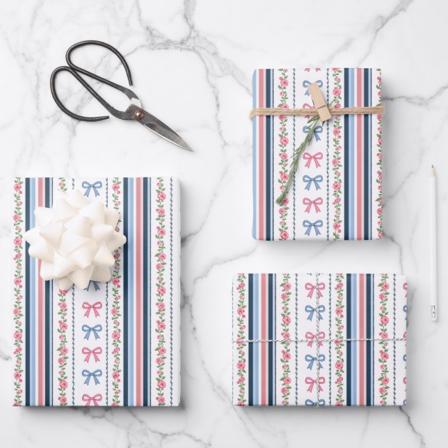 Rosa blaue Coquette-Schleife Baby-Brautparty Gebur Geschenkpapier Set (Vorderseite)