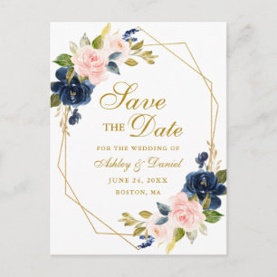 Rosa blaue florale Goldrahmen Save the Date Postka Ankündigungspostkarte