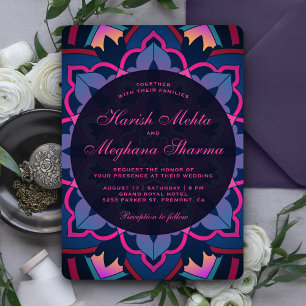 Rosa blaue florale Mandala-Indische Hochzeitseinla Einladung