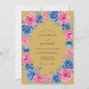 Rosa blaue florale romantische Hochzeit Einladung