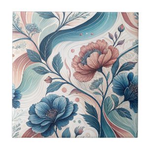 Rosa & Blaue Florale Schwünge Botanisches Muster K Fliese