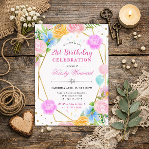 Rosa Blaue Gelbe Blumen Gold Rahmen Geburtstag Einladung