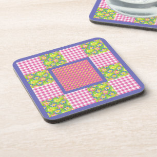 Rosa, Blaue, Gelbe Primeln, Punkte, Gingham Untersetzer