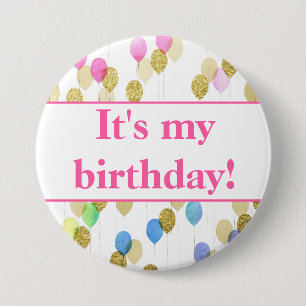Rosa blaue Glitter-Ballons Es ist mein Geburtstag Button