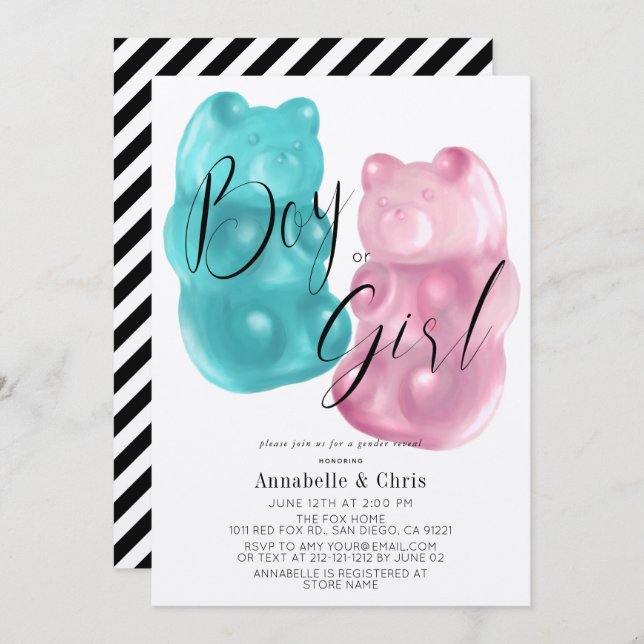 Rosa & blaue Gummibärengeschlecht offenbaren Einla Einladung (Vorne/Hinten)