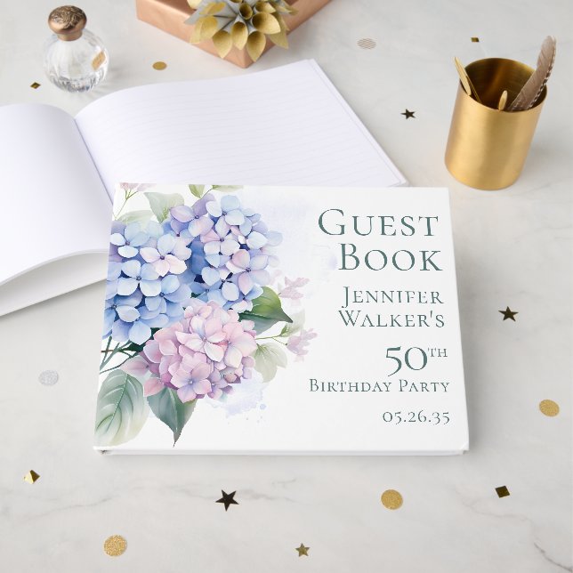 Rosa blaue Hortensien 50. Geburtstag  Gästebuch (Vorderseite Offen)