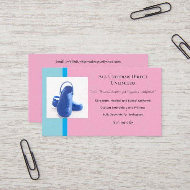 Rosa blaue medizinische Clogs Uniform Visitenkarte (Vorderseite/Rückseite Beispiel)