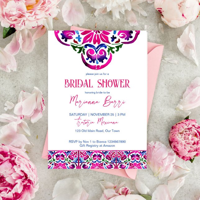 Rosa blaue mexikanische Fliesen-Brautparty Einladung (Pink blue Mexican Talavera tiles bridal shower editable template invitation instant digital download)
