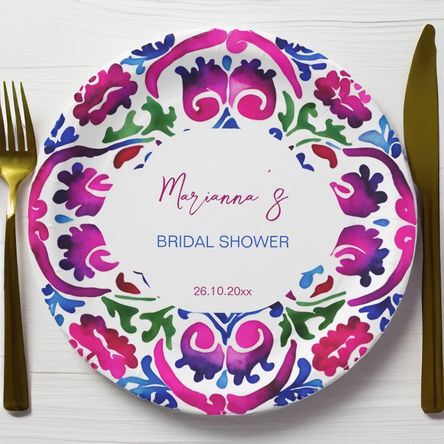 Rosa blaue mexikanische Fliesen - Brautparty Pappteller (Pink blue Mexican tiles bridal shower tableware personalized Plates fiesta Mexicana party plates)
