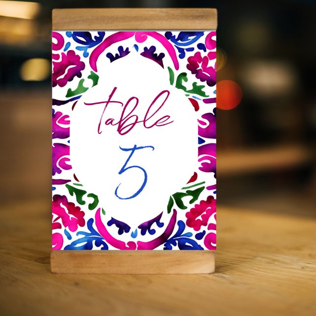 Rosa blaue mexikanische Fliesen - Brautparty Tischnummer (Pink magenta blue Mexican Talavera tiles pattern table numbers personalized wedding bridal shower)