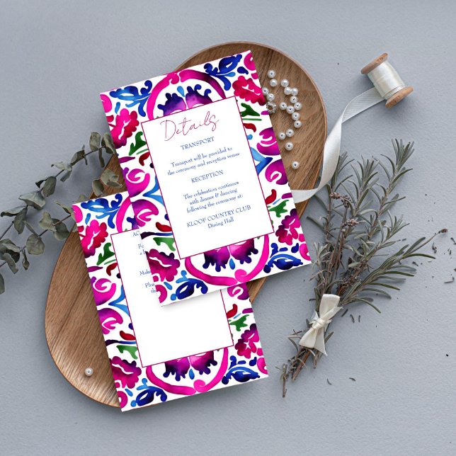 Rosa blaue mexikanische Talavera Fliesen Hochzeits Begleitkarte (Pink blue Mexican Talavera tiles wedding details Enclosure Card Mediterranean wedding details card)