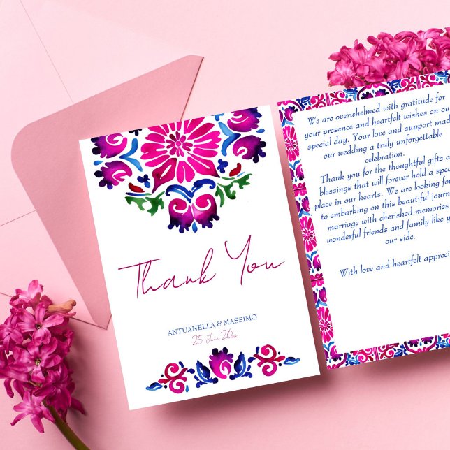 Rosa blaue mexikanische Talka-Hochzeit Dankeskarte (Pink blue Mexican talavera azulejo tiles wedding Thank You Cards)