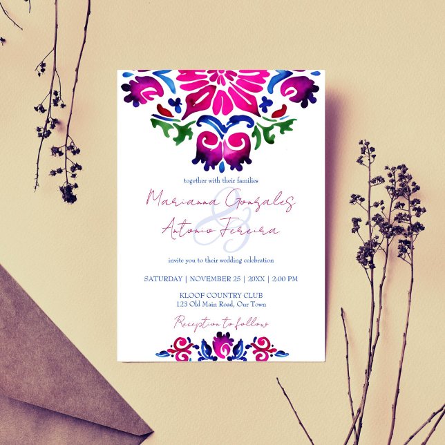 Rosa blaue mexikanische Talka-Hochzeit Einladung (Pink blue Mexican talavera tile wedding Invitation template digital download bold color folk pattern)