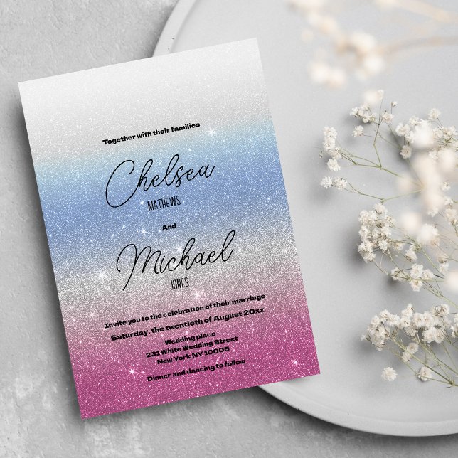 Rosa blaue Ober-Glitzer Hochzeit Einladung (Pink blue silver ombre glam glitter wedding)