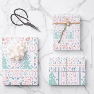 Rosa Blaue Pastell-Weihnachtsbaum Retro Geschenkpapier Set