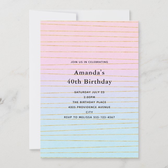 Rosa blaue Pastellfarben Gradient mit goldenen Lin Einladung (Vorderseite)