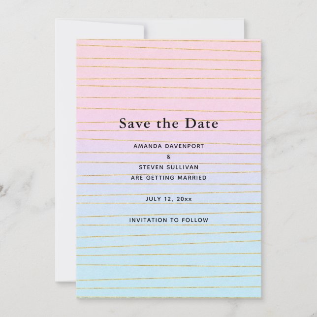 Rosa blaue Pastellfarben Gradient mit goldenen Lin Save The Date (Vorderseite)