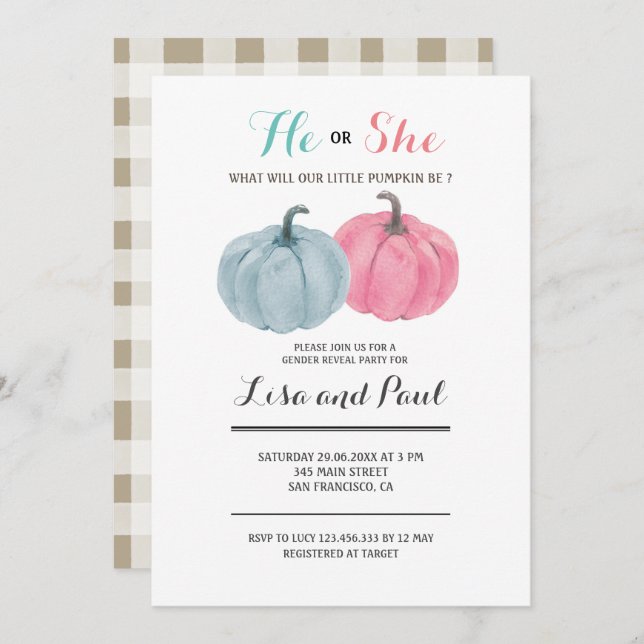 Rosa blaue Pumpkins, die sich über das Geschlecht  Einladung (Vorne/Hinten)