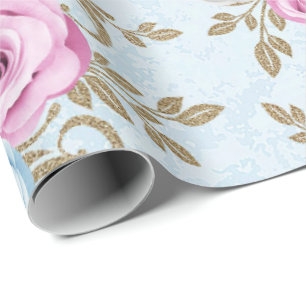 Rosa blaue Rosen Gold Damast Barock Antonietta Geschenkpapier