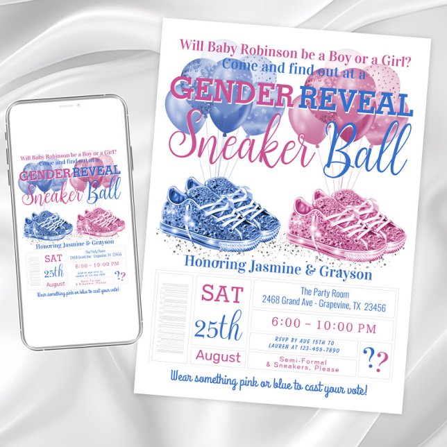 Rosa blaue Sneaker Ball Gender Reveal Baby Dusche Einladung (Sneaker ball gender reveal invitation with pink and blue sneakers and balloons. )