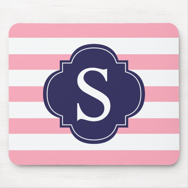 Rosa blaue Streifen Monogramm Mousepad (Vorne)