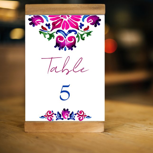 Rosa-blaue Talavera-Fliesen Hochzeit Tischnummer (Pink blue Spanish Talavera tiles wedding Table Number cards fiesta Mexicana personalized table decor)