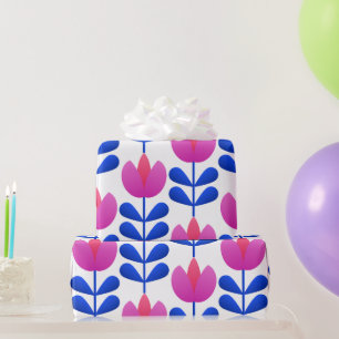 Rosa blaue Tulpe Retro Skandinavisch Mitte Jahrhun Geschenkpapier