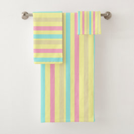 Rosa, blaue und braune Streifen auf Gelb Badhandtuch Set