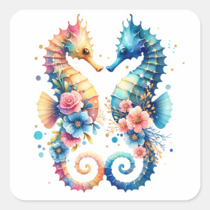 Rosa, blaue und goldene Küste Seepferd Strand Quadratischer Aufkleber