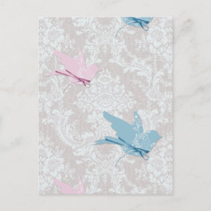 Rosa Blaue Vögel Damast-Spitzenmuster Postkarte