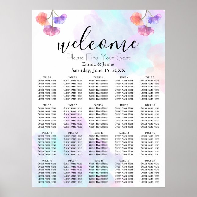 Rosa blaue Wasserfarbe Hochzeitstabelle Poster (Vorne)