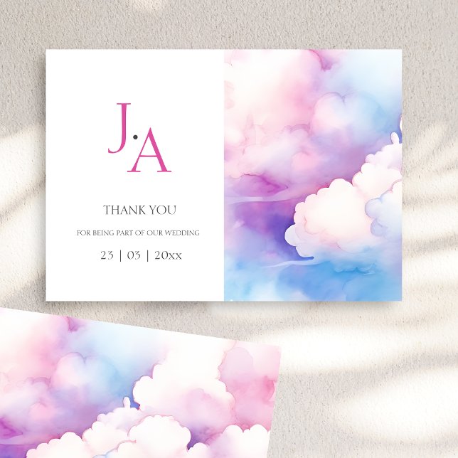 Rosa blaue Wasserfarbe-Wolken Hochzeit Danke (Pink Blue White Clouds Monogram Wedding Thank You)