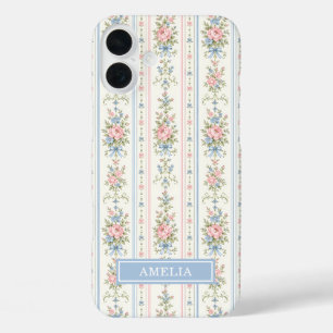 Rosa Blaue Wasserfarben Blumen gestreift iPhone 16 Plus Hülle