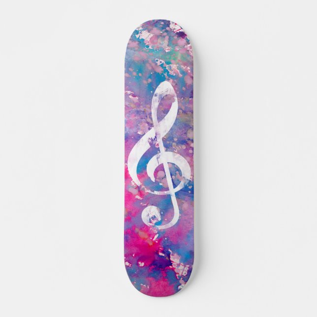 Rosa blaue Watercolor-Farben-Musiknotedreifacher Skateboard (Vorne)