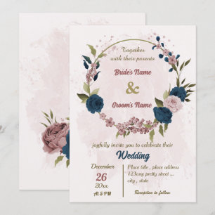 Rosa blauen Blumen botanische Hochzeit Einladung