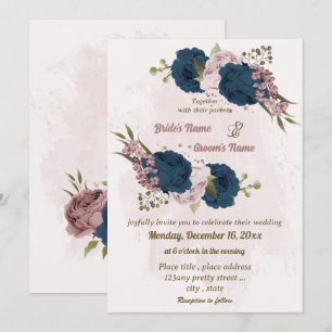 Rosa blauen Blumen botanische Hochzeit Einladung