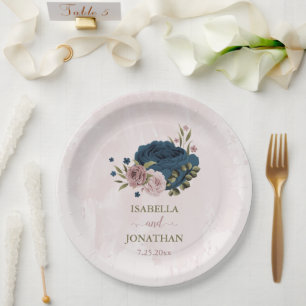 Rosa blauen Blumen botanische Hochzeit Pappteller