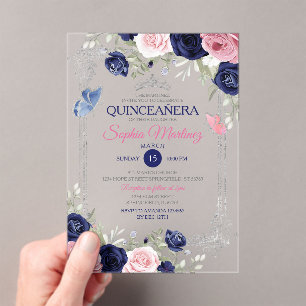 Rosa Blauer Blauer Schmetterling Silver Quinceañer Acryleinladungen