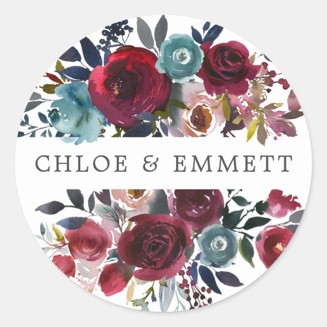 Rosa blauer blühender Hochzeitsstich-Umschlag Aufk Runder Aufkleber (Vorderseite)