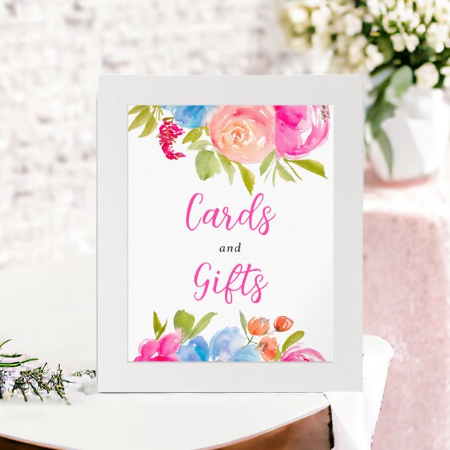 Rosa blauer Chic Boho blumenfarbenes Brautschild Poster (Pink blue Boho floral watercolor bridal sign)