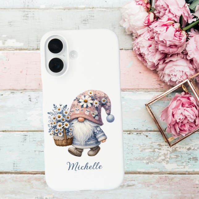 Rosa Blauer Frühling Blumen Gnome Case-Mate iPhone Hülle (pink blue spring time flowers gnome monogram name iPhone 16 15 14 13 12 11, Pro max plus phone case)