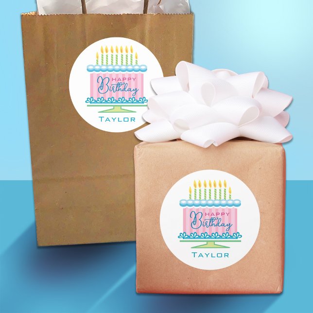 Rosa Blauer Name Geburtstagskuchen Runder Aufkleber (Von Creator hochgeladen)