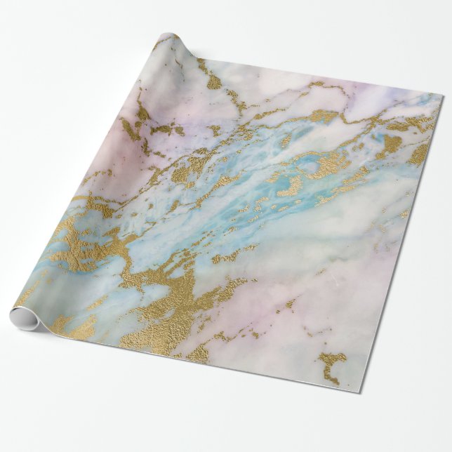 Rosa Blauer Pastell Gold Marble Metallic Geschenkpapier (Ungerollt)