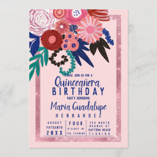 Rosa Blauer Roter Glitzer Floral Acrylic Quinceañe Einladung