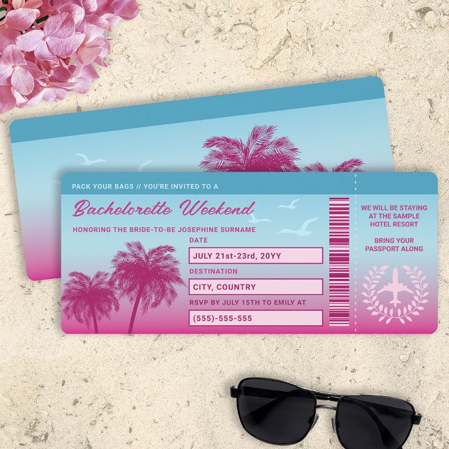 Rosa Blauer Tropischer Bachelorette Boarding Pass Einladung (Von Creator hochgeladen)