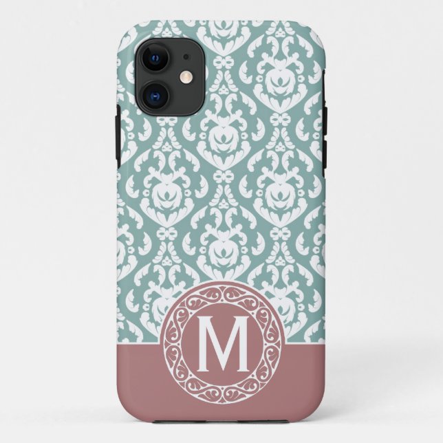 Rosa blaues Damast-Monogramm Case-Mate iPhone Hülle (Rückseite)