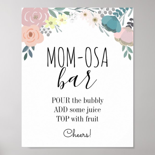 Rosa & blaues Floral Baby Dusche Mama-osa Bar Poster (Vorne)