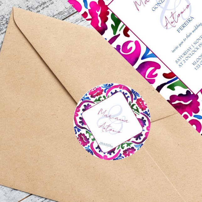 Rosa blaues mexikanisches Talavera-Fliesen Hochzei Runder Aufkleber (Pink blue Mexican Talavera tiles wedding template Stickers bride and groom names stickers)